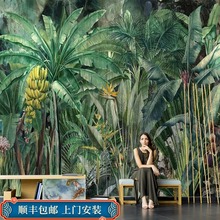 墙纸东南亚风格热带雨林植物壁画客厅沙发背景墙壁纸餐厅酒店墙布