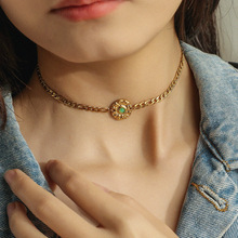 亚马逊流行绿松石钛钢钱币颈链跨境时尚费加罗链条锁骨链欧美项链