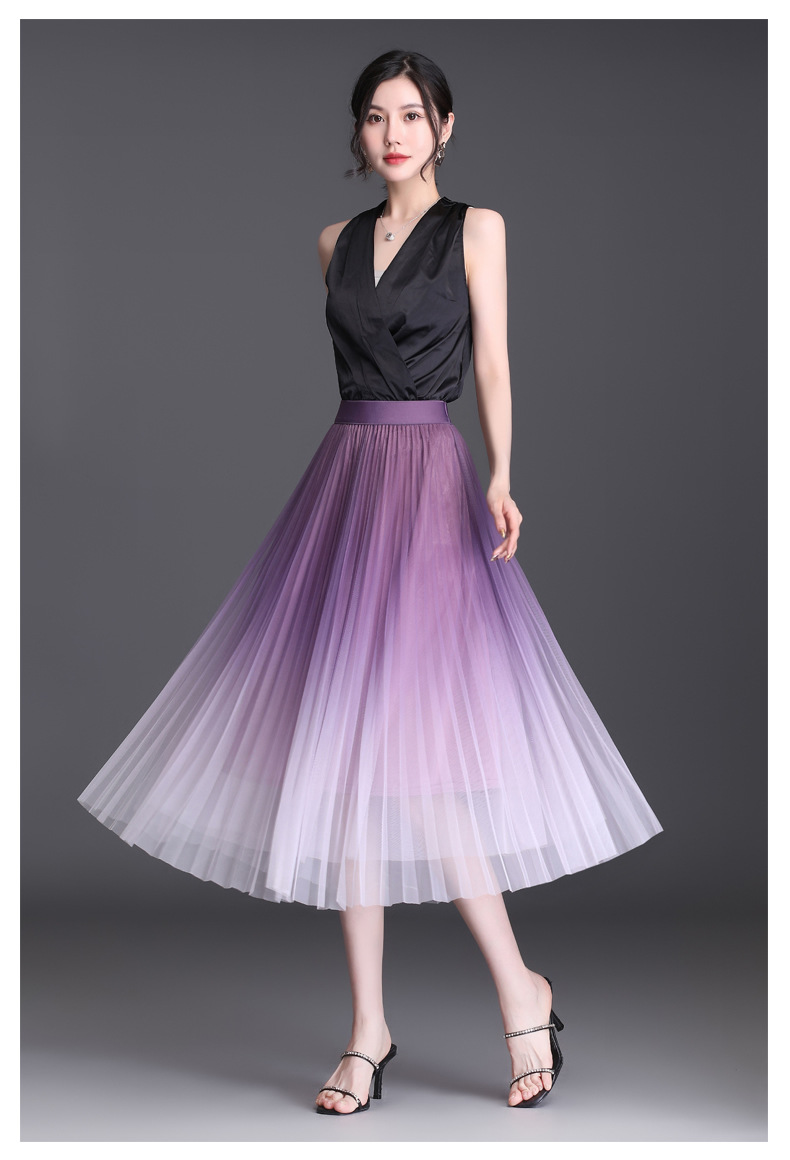网纱半身裙2021夏季新款渐变色a字百褶裙时尚中长裙一件代发