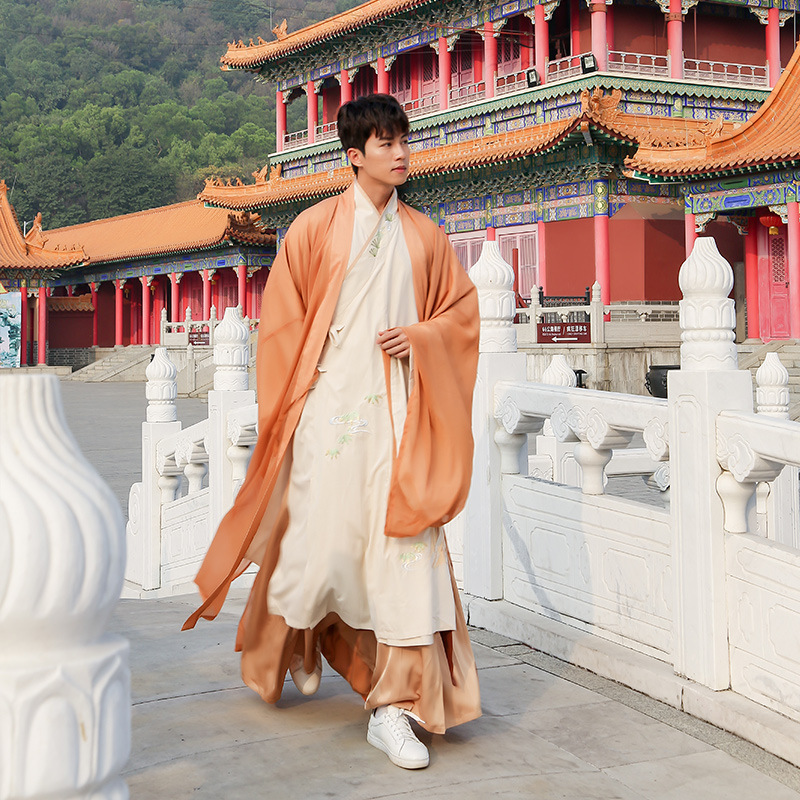中国风男士汉服古装长褙子大袖外套交领长衫衣古风套装杏黄道袍秋