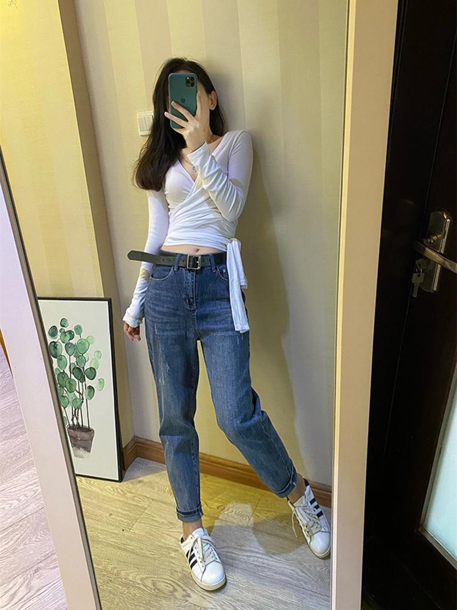 大码显瘦老爹萝卜裤女秋季新款梨形身材胖妹妹九分哈伦牛仔裤