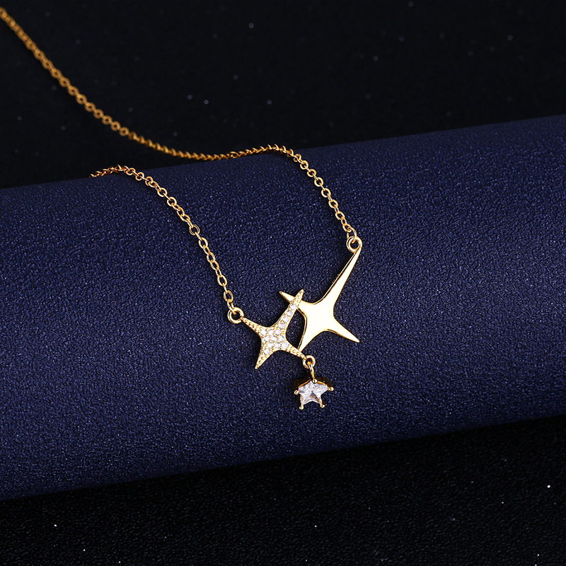 有进 金色十字星星交叉流苏锁骨链ins小香风闪钻四芒星吊坠项链女