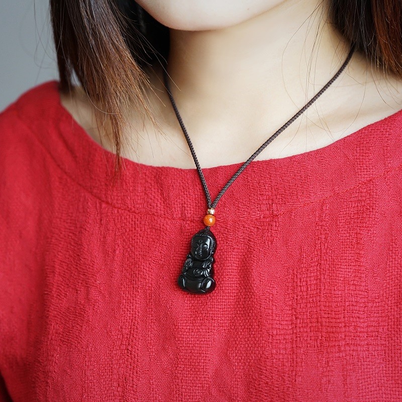 佛头项链黑曜石小佛吊坠孩子儿童玉挂件礼物女弥勒佛宝宝佛佛公像