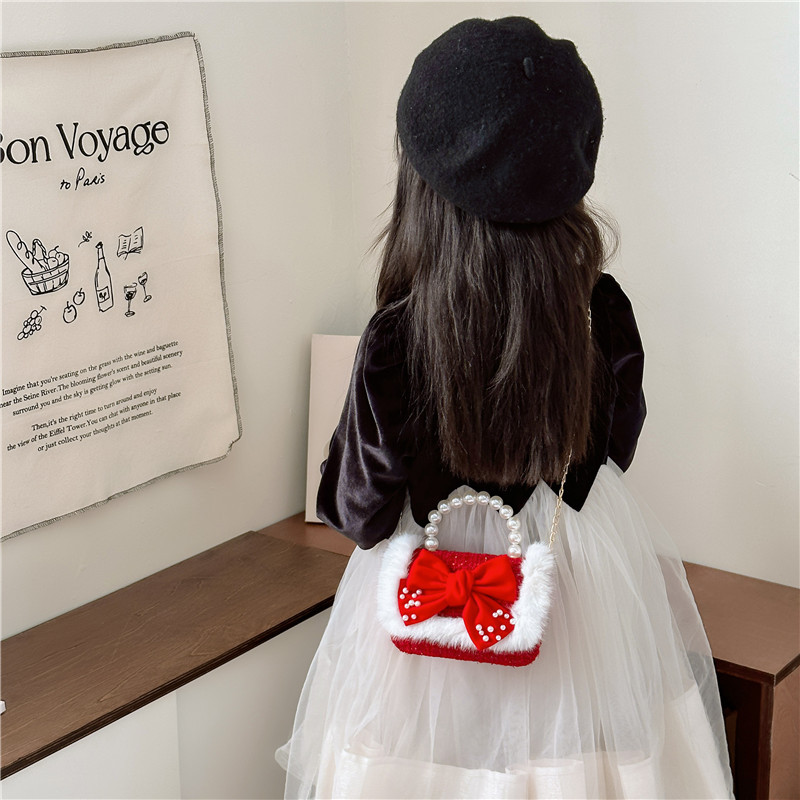 Children's New Year Bag Classic Style Pearl Tote Baby Cute Bow Chain Girl's Coin Purse Fashion