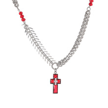 美式钛钢红色十字架项链ins男潮小众设计嘻哈鱼骨双层锁骨链