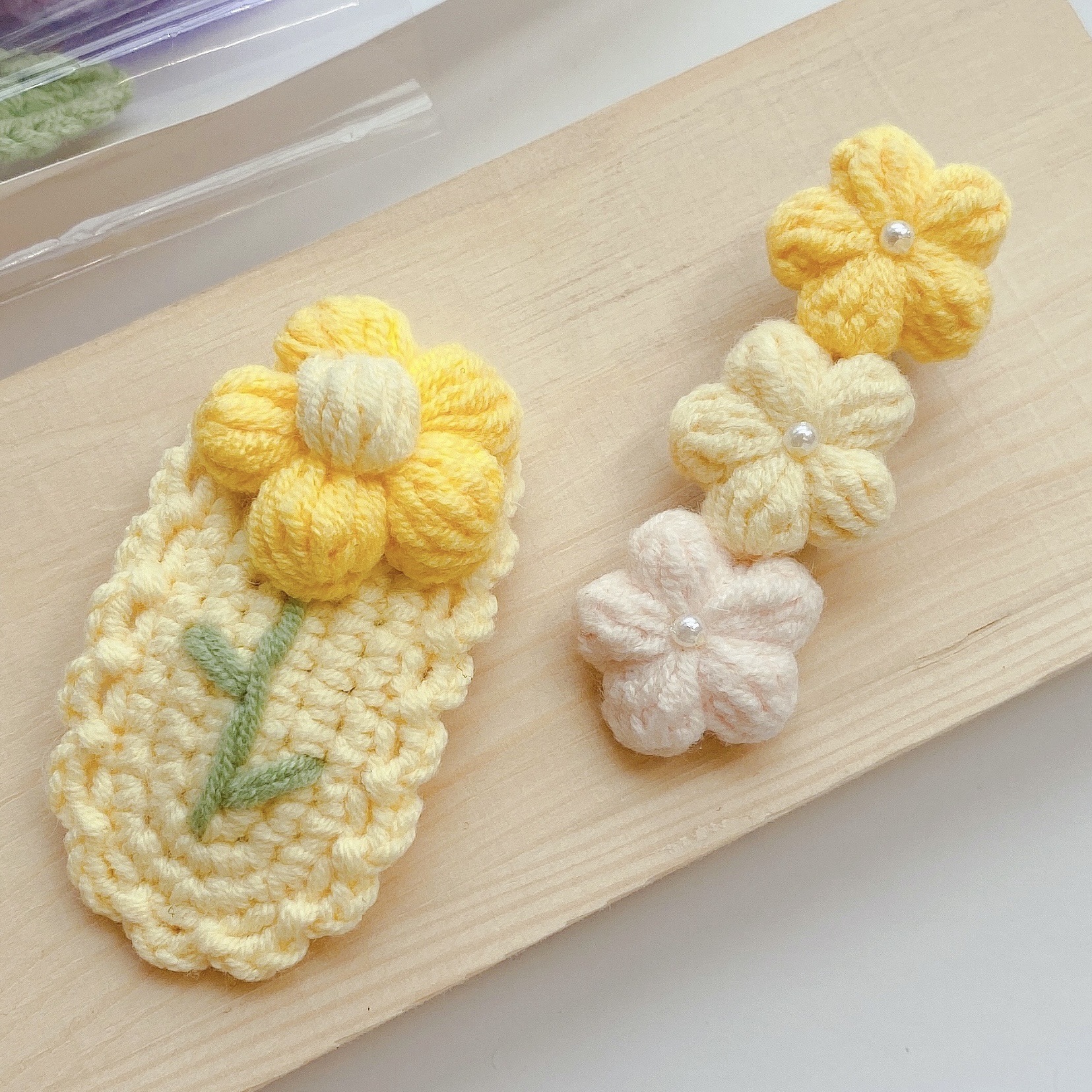 成品手工毛线钩织泡芙花发夹边夹可爱少女发卡bb夹森系鸭嘴夹头饰