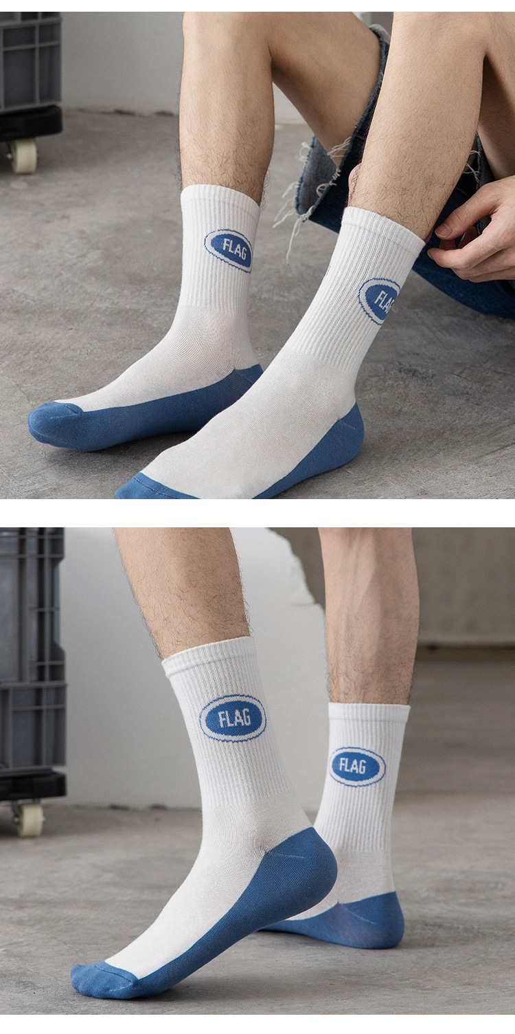 2021秋冬新款男士潮流蓝白时尚袜子批发 情侣长袜白色 棉袜代发