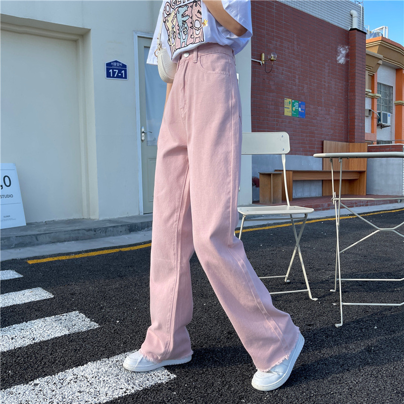   Pink High Waist Jeans for Women Spring and Summer New Korean Style oose Slimming and Straight Casual Sweet and Spicy Wide-eg Pants Fashion