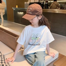 女童短袖T恤2024夏装新款韩版儿童卡通印花上衣白色棉布氨纶