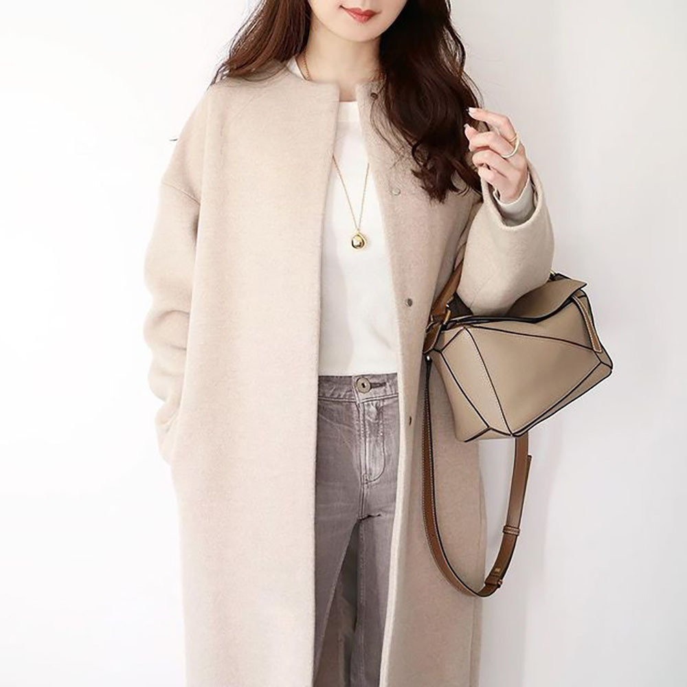 现货2021秋冬圆领日韩乐天优雅淑女装纯色日韩ins风呢大衣1275344