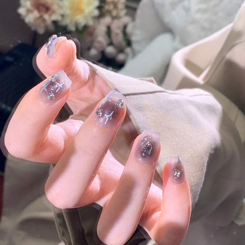 Pure Hand-Worn Nail Blooming Light Understanding Stick-on Crystals Gray Gradient Advanced Sense Finished Product Wear Manicure Detachable