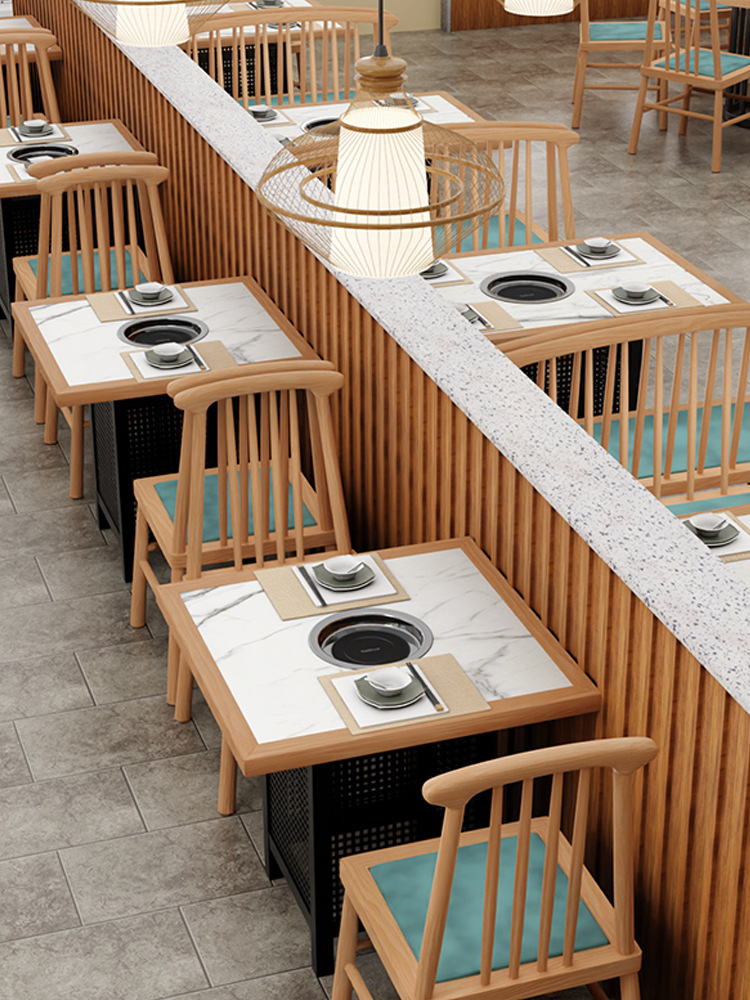 川菜馆实木卡座电磁炉一体中式火锅桌餐厅餐饮酒店火锅店桌椅组合