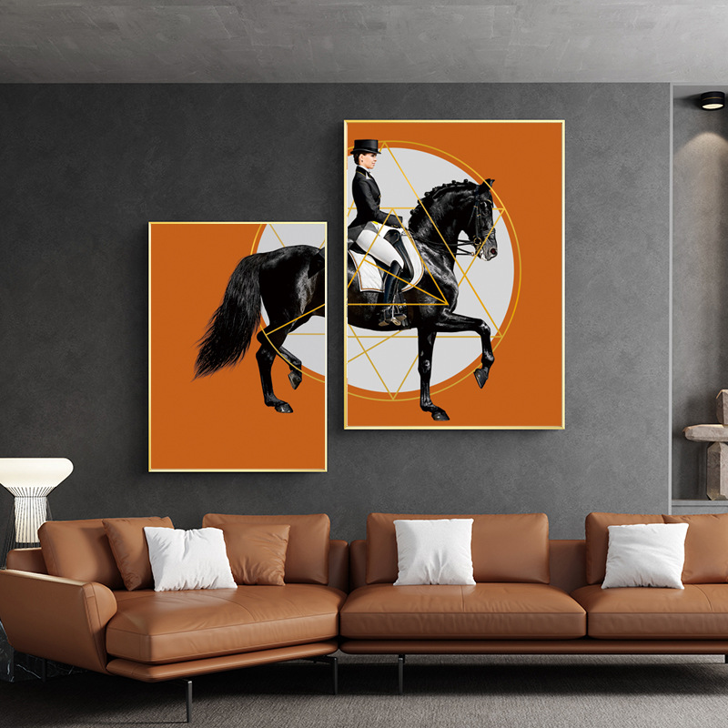 餐厅装饰画轻奢风现代简约饭厅挂画高档橙色玄关壁画骑马高端客厅