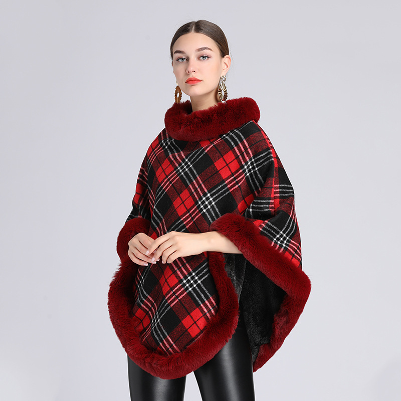 619# Autumn and Winter New Plaid Fleece-Lined Thickened Imitation Rex Rabbit Fur Collar Cape and Shawl Knitted Pullover Woolen Coat