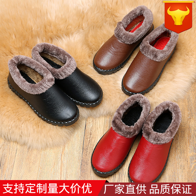 Creative Style Mother's Cotton Shoes Women's Winter Warm Fleece-Lined Cotton Padded Fluffy Shoes Pu Thermal Elderly Cotton-Padded Shoes