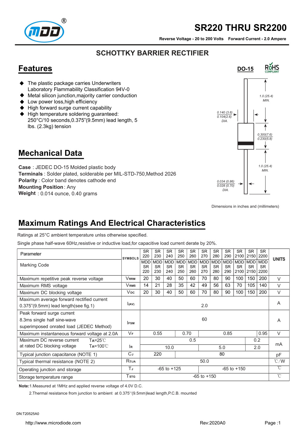 厂家直销mdd品牌sr240轴向肖特基二极管do-15封装2a 40v现货供应