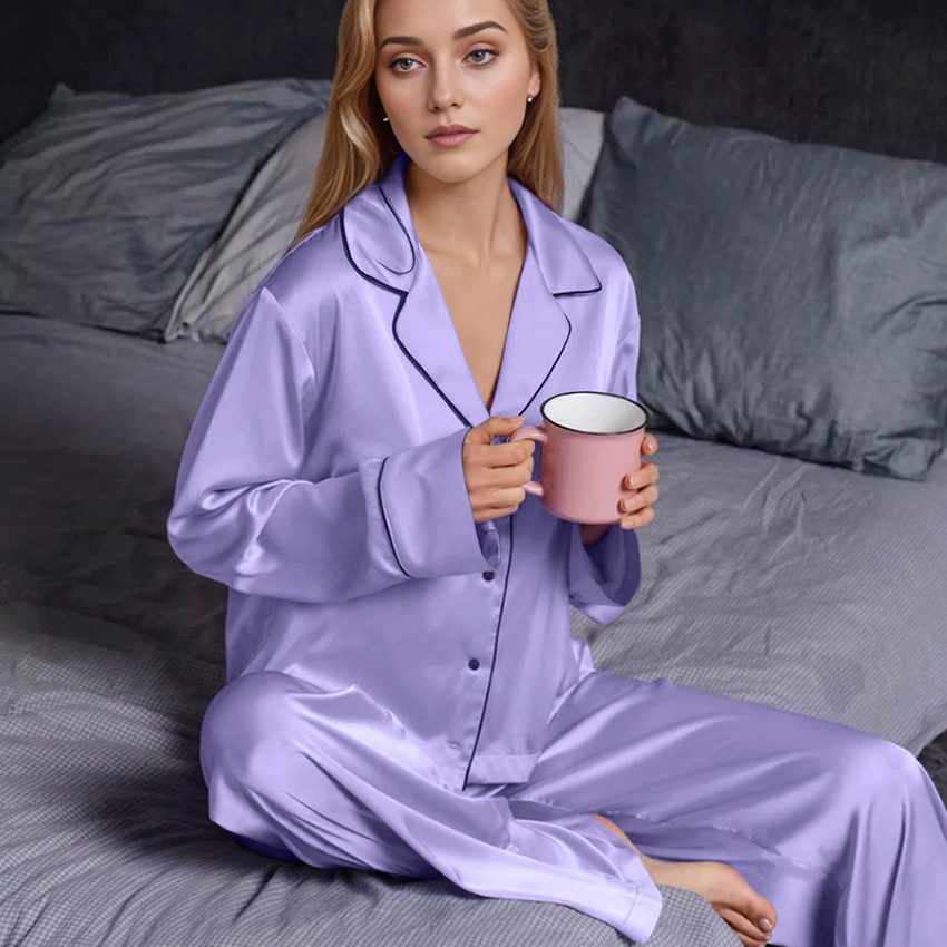 外贸夏季冰丝凉感薄款新品紫色睡衣家居服长袖长裤两件套柔软透气