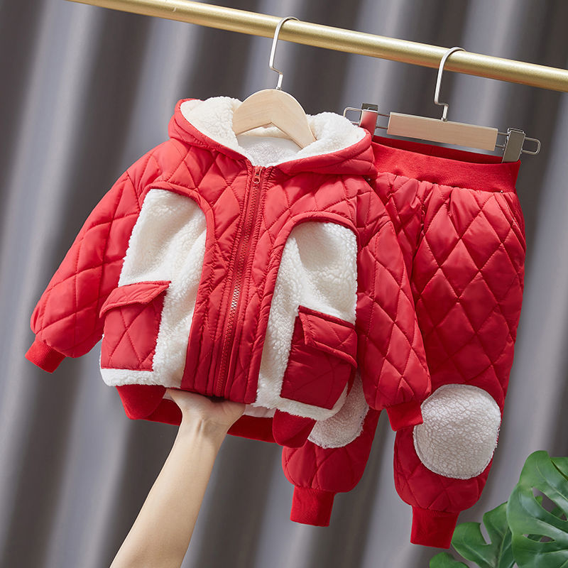 儿童冬装套装男童冬款加绒加厚保暖年服两件套宝宝冬季女童套装潮