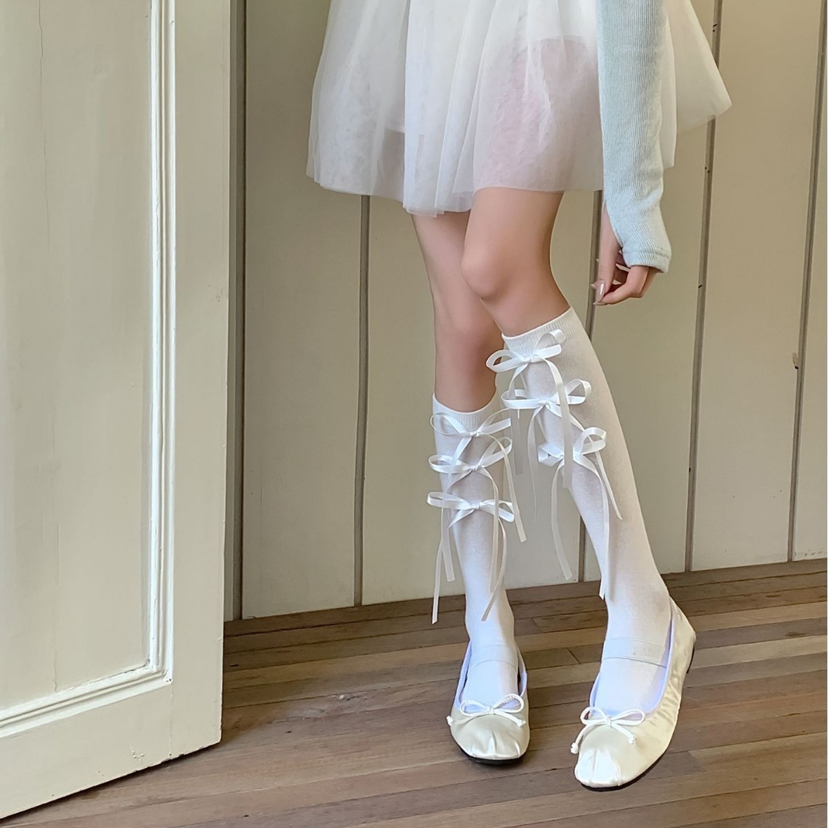 纯色丝带蝴蝶结袜子女长筒袜个性甜美芭蕾风棉袜jk配小皮鞋小腿袜