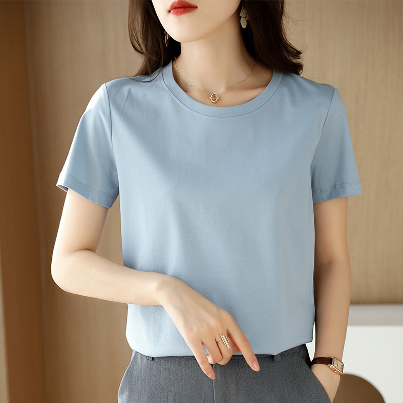 80 Double-Sided Mercerized Cotton Short-Sleeved T-shirt Women's Summer New Loose Slimming Cotton round Neck Half Sleeve Top Wholesale