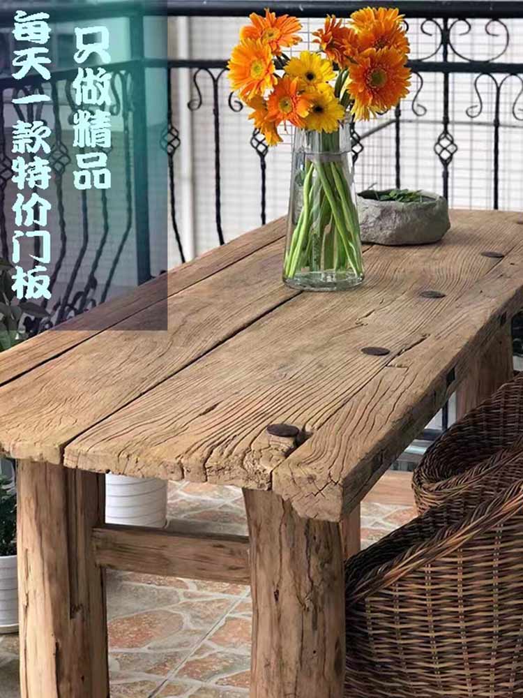 老门板茶桌老榆木门板风化木板吧台桌面餐桌实木旧门板复古桌子