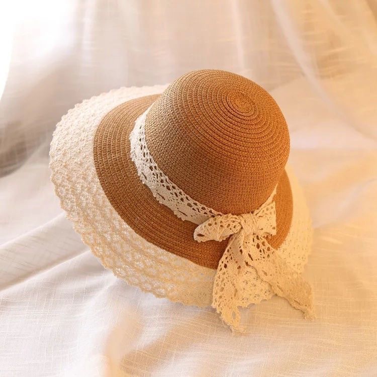 2023 Summer New Uv Protection Lace Bow Straw Hat Summer Little Fresh Sun Protection Sun Hat for Women