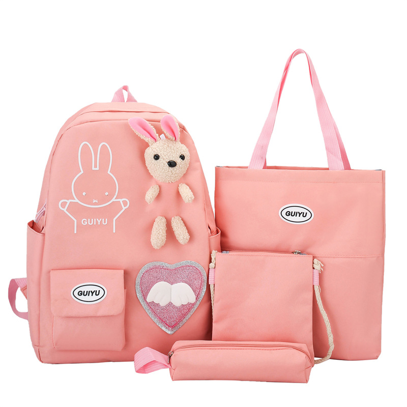 Wholesale Cartoon Love Backpack Primary School Student Schoolbag Make-up Bag Four-Piece Set Bunny Doll School Bag