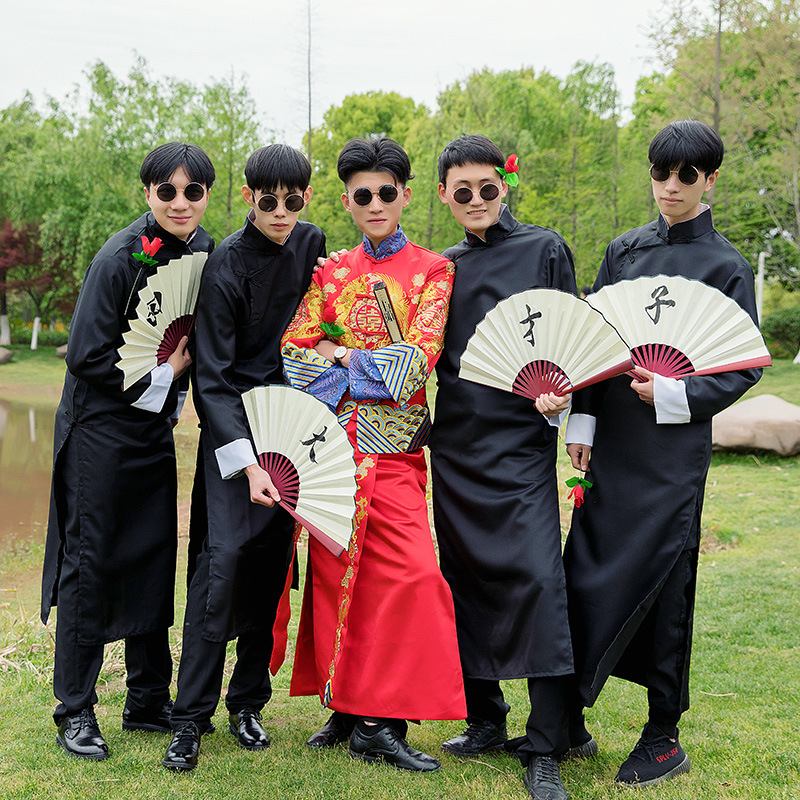 伴郎服结婚礼服风中式兄弟团衣服长衫相声大褂马褂兄弟装夏季