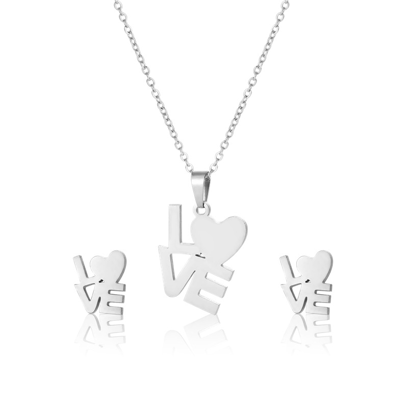 Love Necklace Women's Simple European and American Style Letter Pendant Earings Set Stainless Steel I Love You Clavicle Chain Jewelry