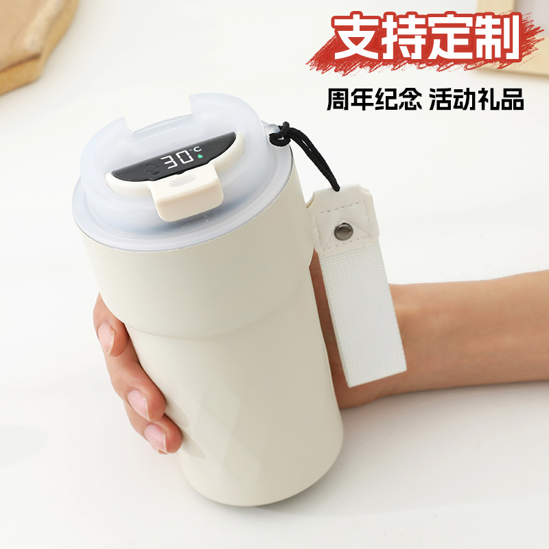 New Smart Temperature-Showing Rhombus Coffee Cup Girl Good-looking Thermos Cup with Rope Handle Portable Vehicle-Mounted Cup with Straw