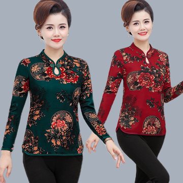 中老年妈妈装秋装长袖上衣旗袍短款女装改良版t恤春秋短款打底衫