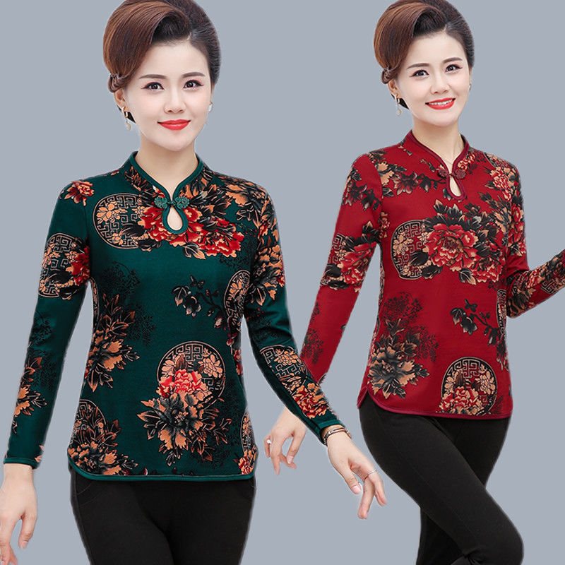 中老年妈妈装秋装长袖上衣旗袍短款女装改良版t恤春秋短款打底衫