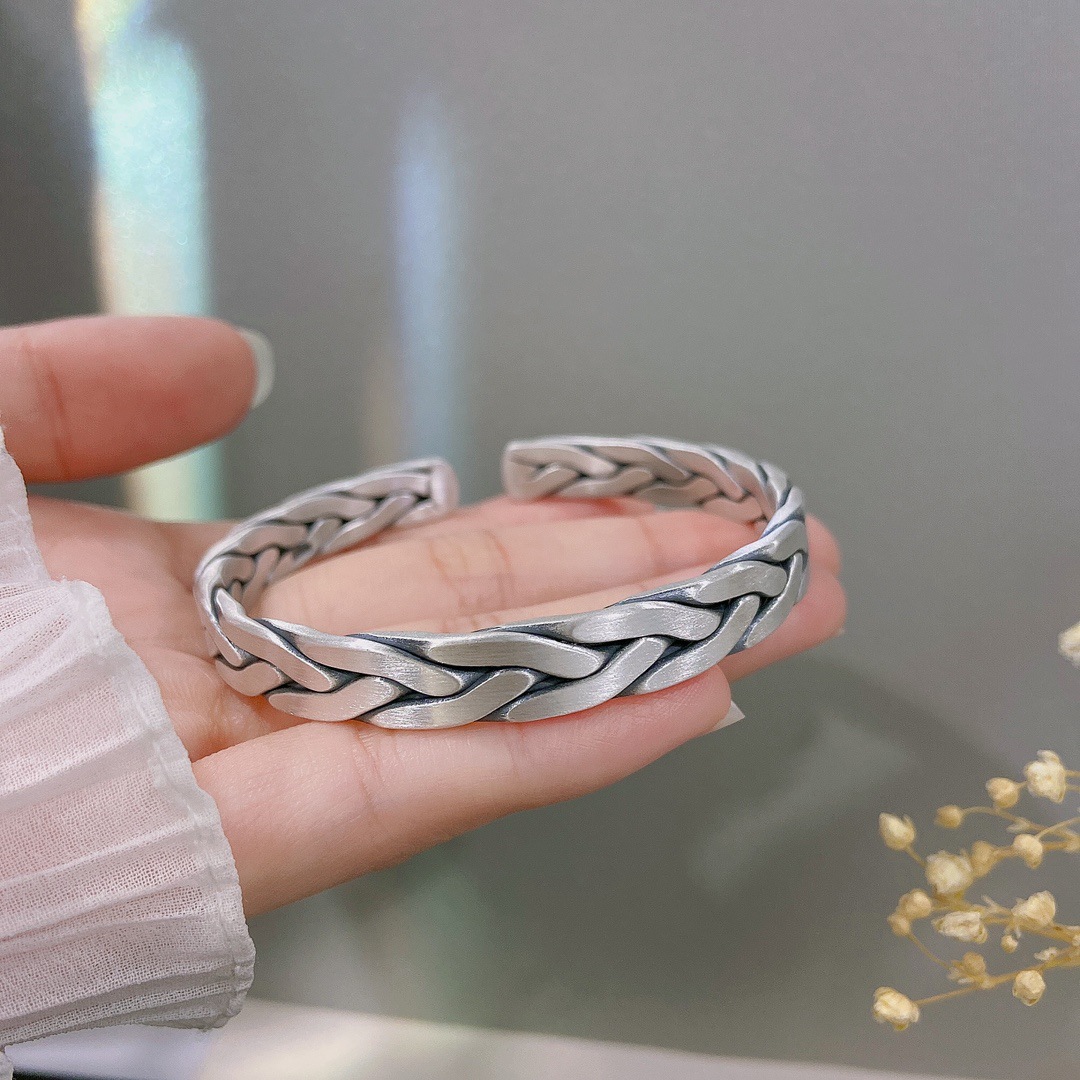 足银999手工纯银麻花编织男士男生手镯男款开口实心男银镯子