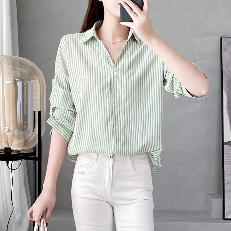 绿色条纹衬衣女装春夏通勤百搭宽松半开衫一粒扣翻领雪纺衬衫上衣