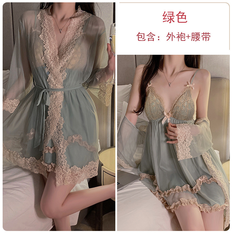 Ruoruo Sexy Underwear Pure Desire Mesh Pajamas with Chest Pad Push up Nightdress Outerwear Gown Women's Homewear Suit P3772