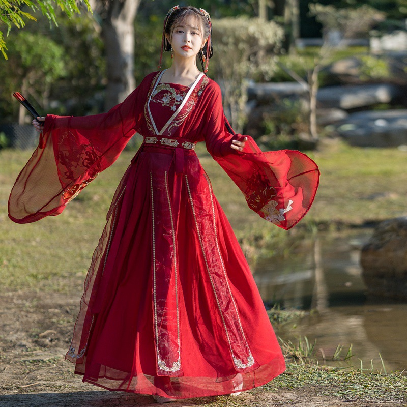 中国风春夏新款女装汉服红色古装汉元素魏晋风花嫁新娘大袖三件套