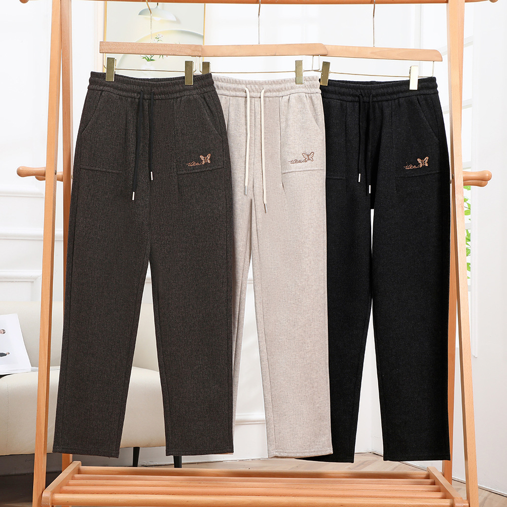 新款毛呢棉舒适休闲裤 蝴蝶刺绣宽松直筒裤 抽绳松紧腰弹性运动裤