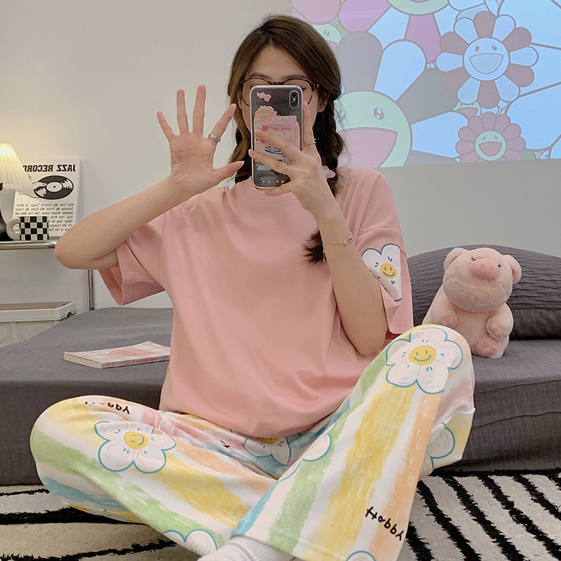 Women's Pajamas Summer Short Sleeve Trousers Thin Korean Style Ins Style Sweet Cartoon Homewear Suit Can Be Worn outside