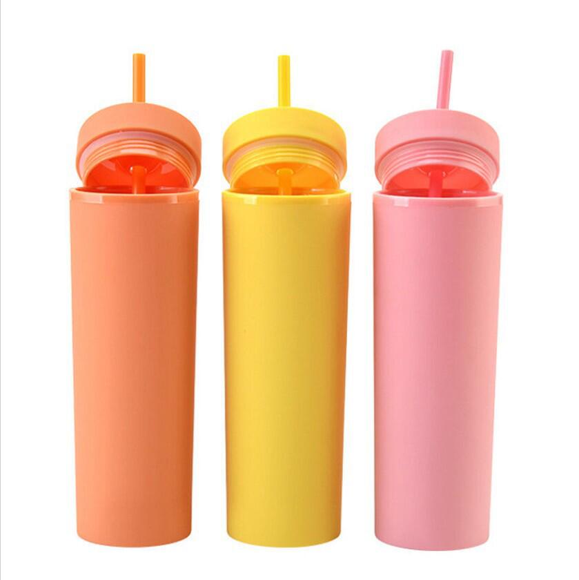 夏季饮料吸管杯子透明带盖隔热咖啡杯双层塑料杯韩国杯子logo