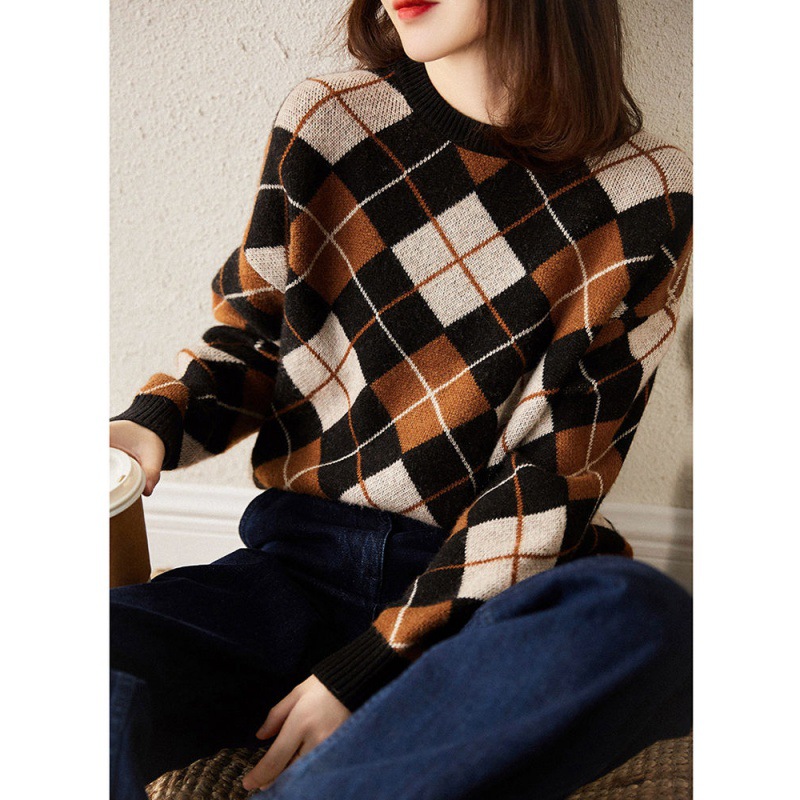 复古撞色方块菱形毛衣女秋冬新款宽松慵懒风外穿针织衫高档上衣女