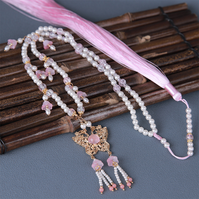 古风汉服少女粉色璎珞蝴蝶流苏项链背云国风旗袍配饰儿童软璎珞女