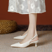 尖头后空细跟白色高跟鞋女2024春夏季韩版新款一字带法式包头凉鞋
