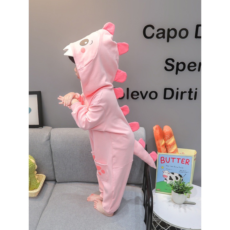 儿童纯棉连体睡衣春秋季女童长袖连帽爬服男孩卡通恐龙宝宝家居服