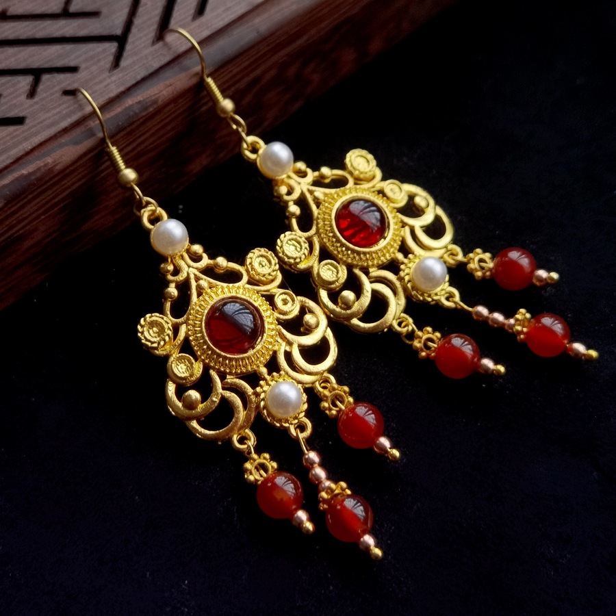 汉服配饰珍珠明制耳环古装气质天然红玛瑙汉服耳钩古风耳环耳坠