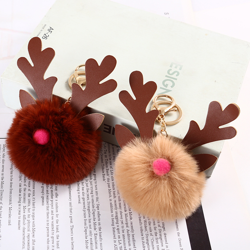 New Christmas Antlers Fur Ball Keychain PU Leather Antlers Fuzzy Ball Pendant Women's Car Fuzzy Ball Hanging Drop Gift