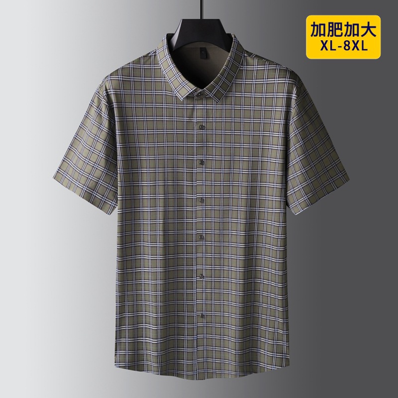 2024夏季新款男胖子方格衬衣加肥加大码时尚休闲方领印花短袖衬衫
