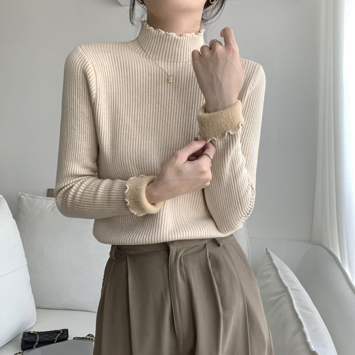 秋冬2023新款韩版修身半高领针织打底衫女加绒加厚内搭木耳边毛衣