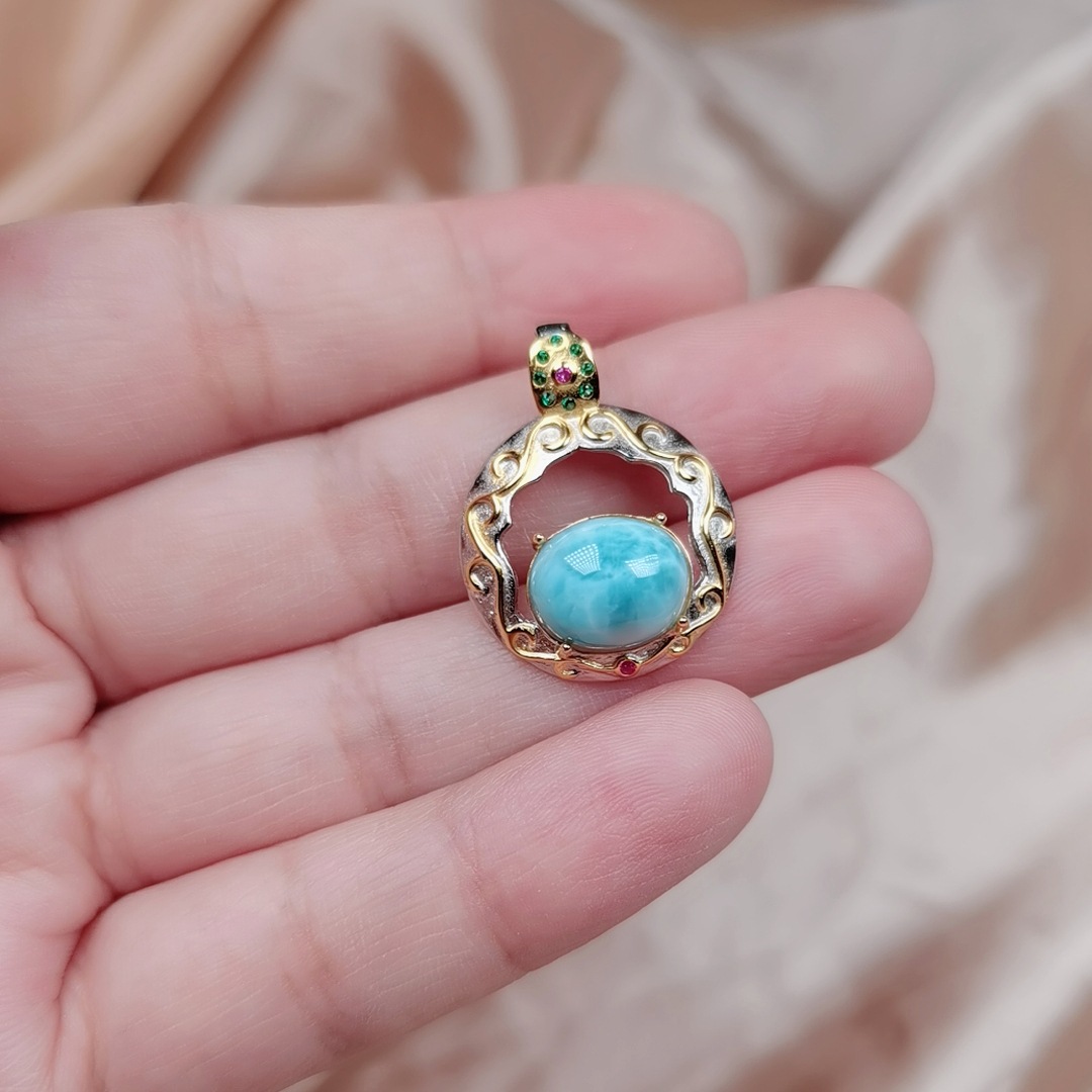 拉利马海纹石吊坠s925纯银镶嵌意大利款分金色款式新颖复古女款