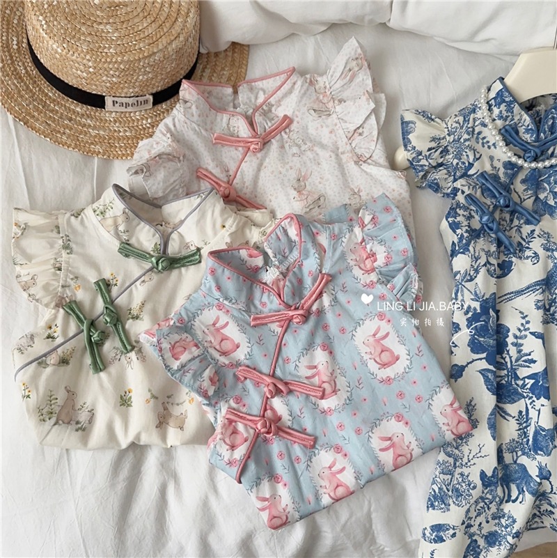 New Chinese Style Dress Girls' Summer New Children's Sweet Fresh National Style Buckle Cheongsam Dress Children's Clothing