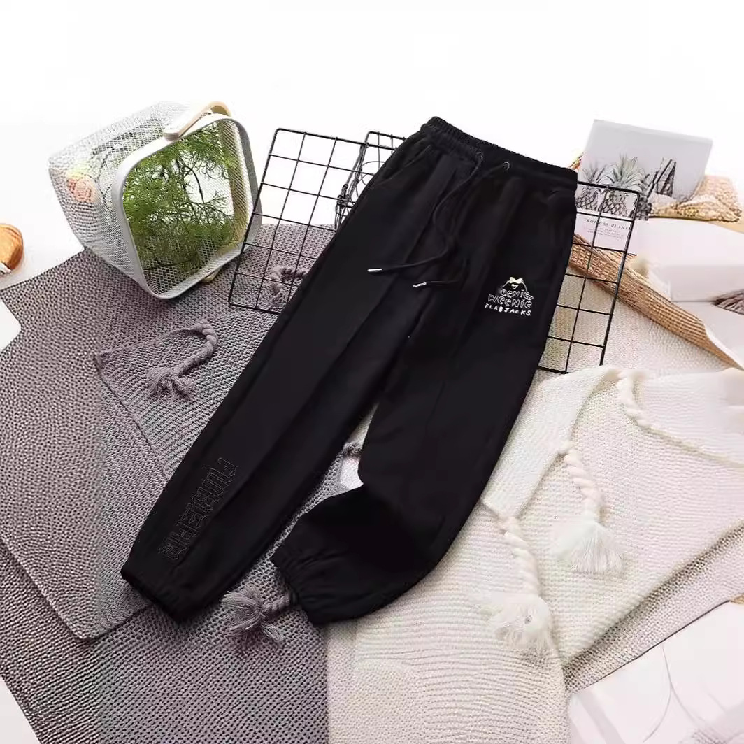 Spring and Autumn New Medium and Large Children's Embroidered Fox Versatile Leggings Men's and Women's Sweatpants Elastic Waist High Waist Loose Outer